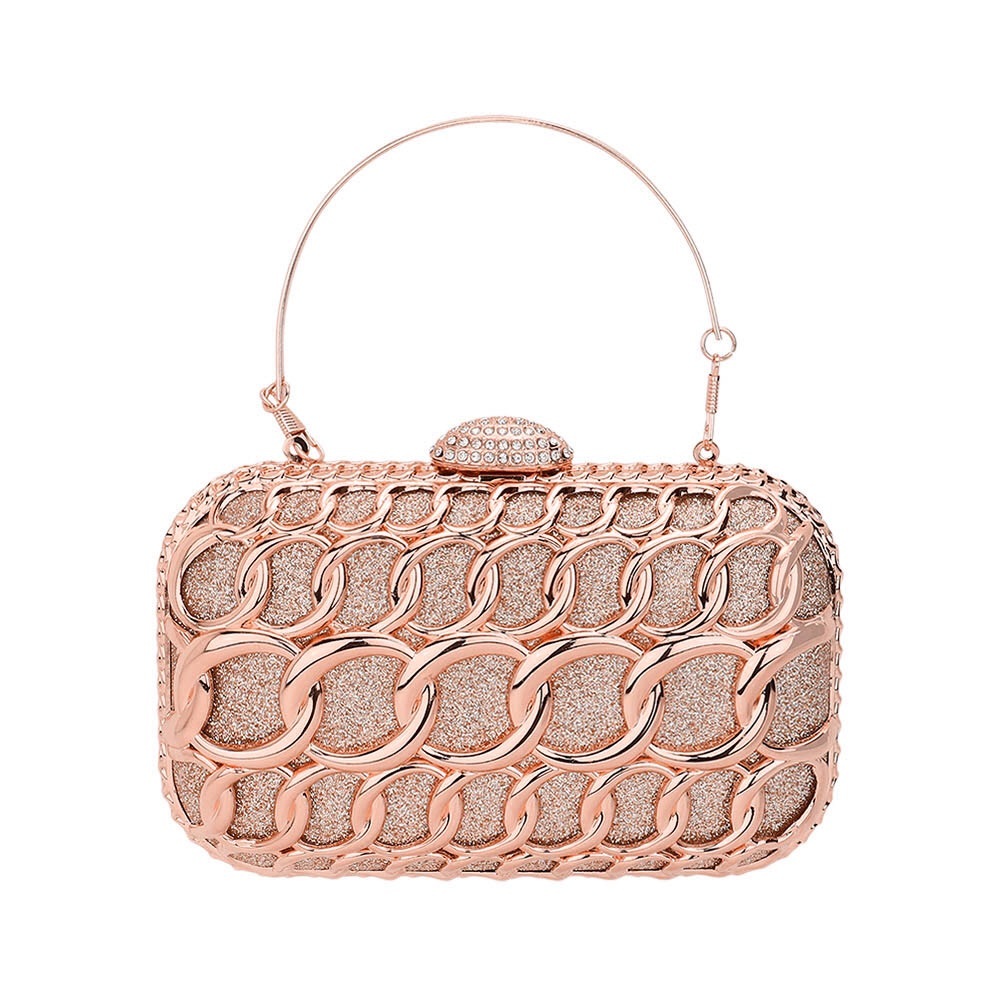 Metal Link Embellished Glittered Evening Clutch Bag